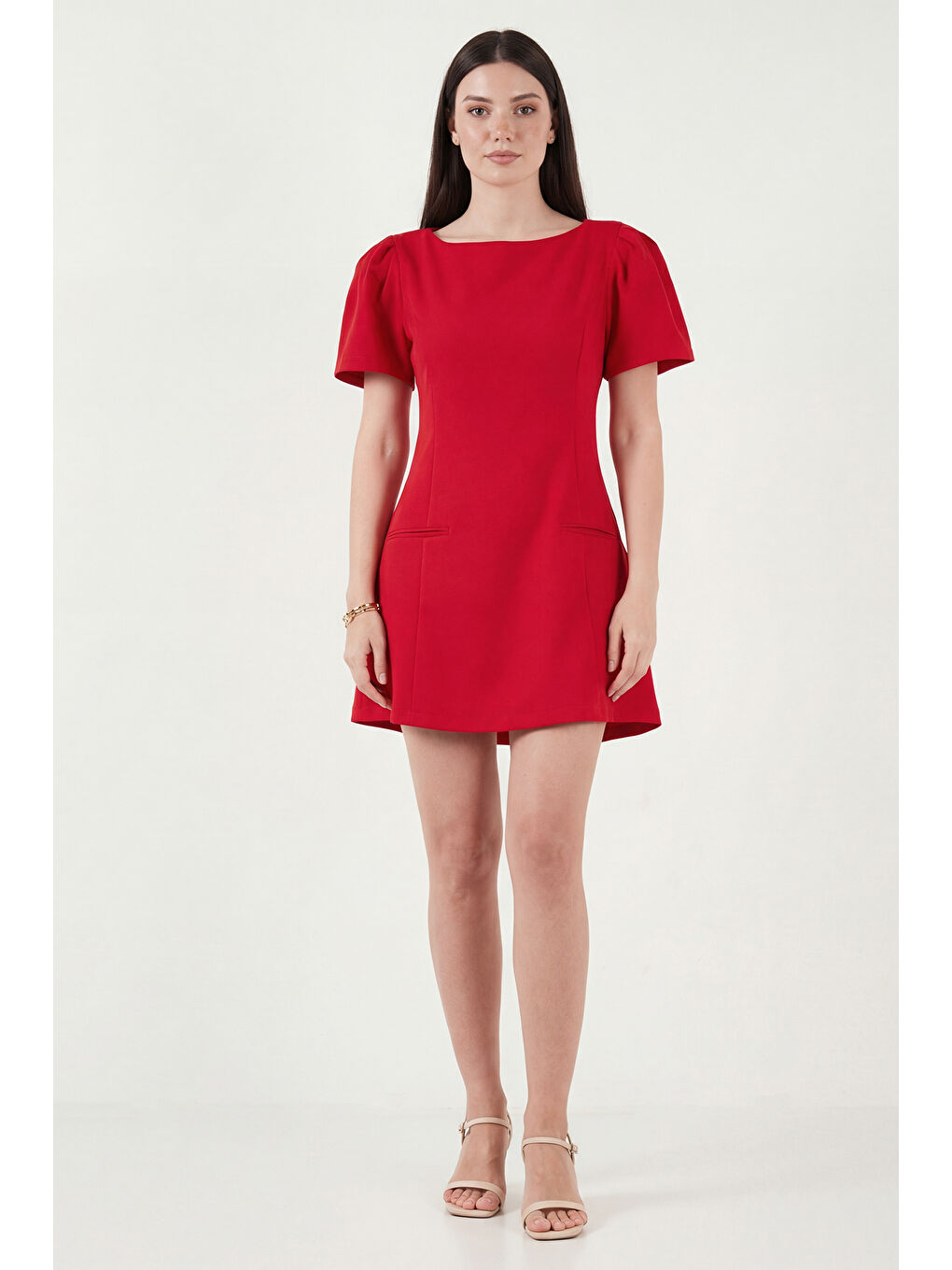 Kırmızı Kayık Yaka Balon Kol Mini Davet Elbise 6525735-3