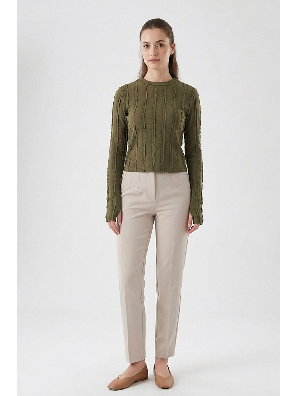 Kadın Dokulu Örme Bluz 980 - Haki-1