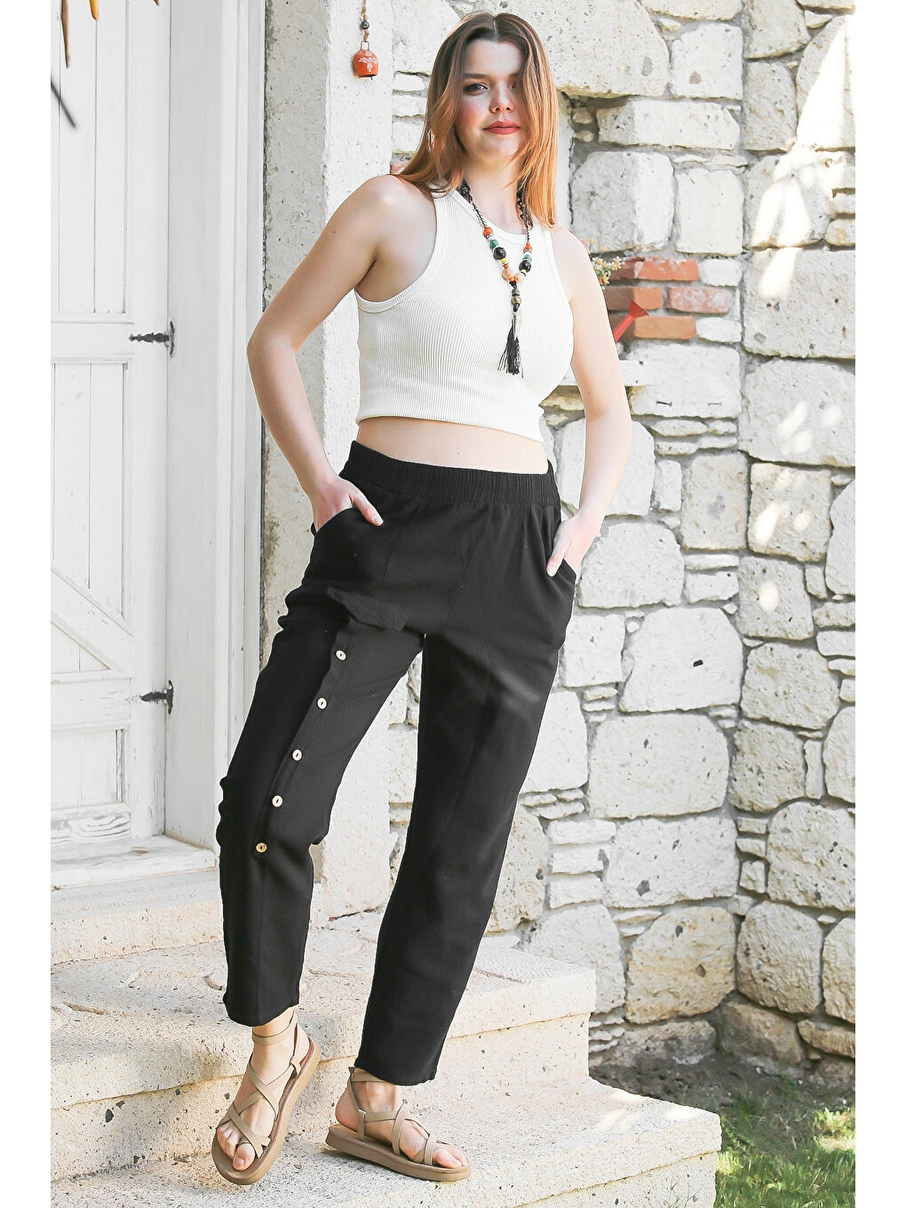 Chiccy Siyah Cepli Yıkamalı Lastikli Bel Jogger Paça Casual Keten Karışımlı Dokuma Pantolon 104 62 - 2