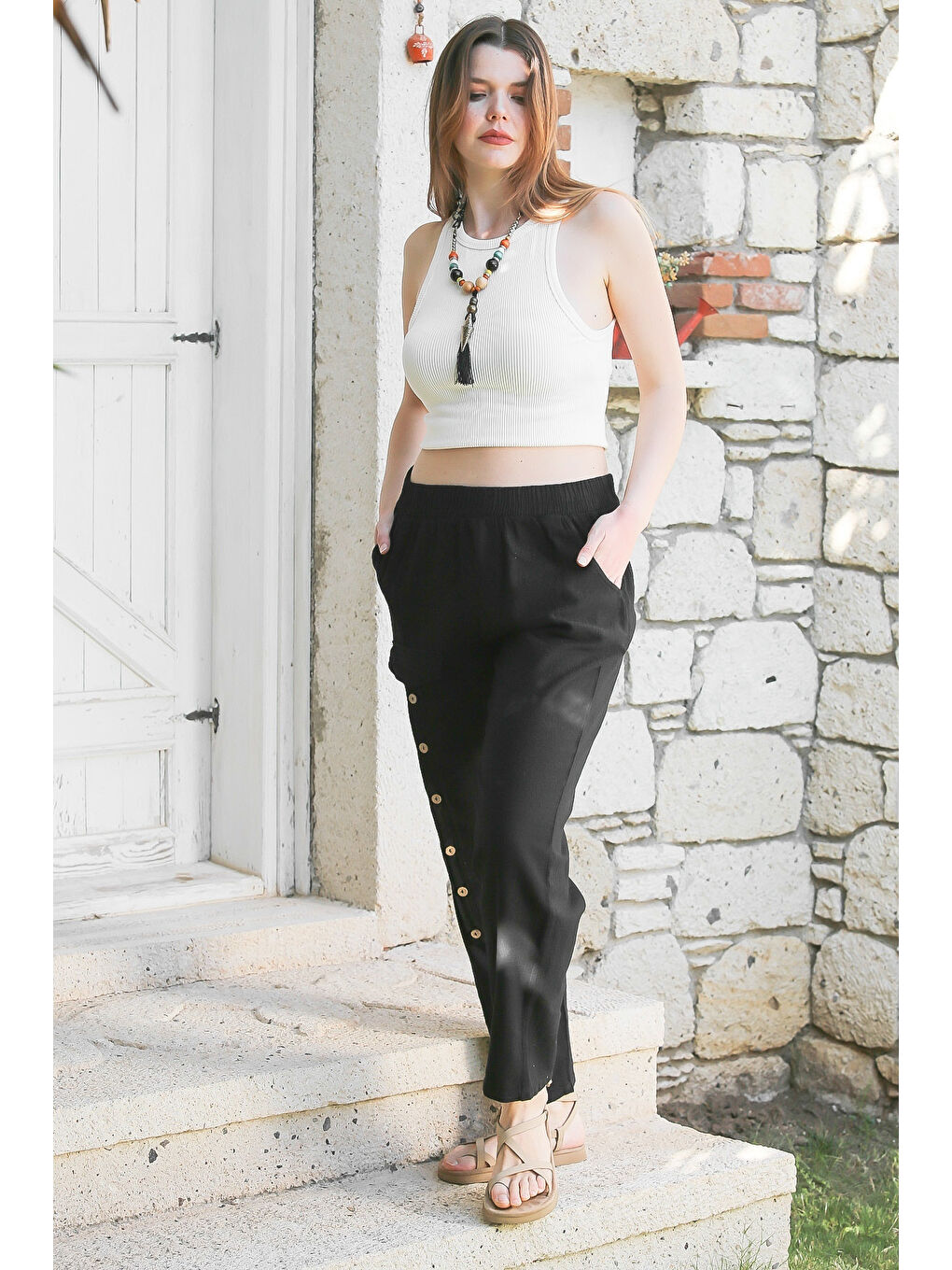 Chiccy Siyah Cepli Yıkamalı Lastikli Bel Jogger Paça Casual Keten Karışımlı Dokuma Pantolon 104 62 - 3