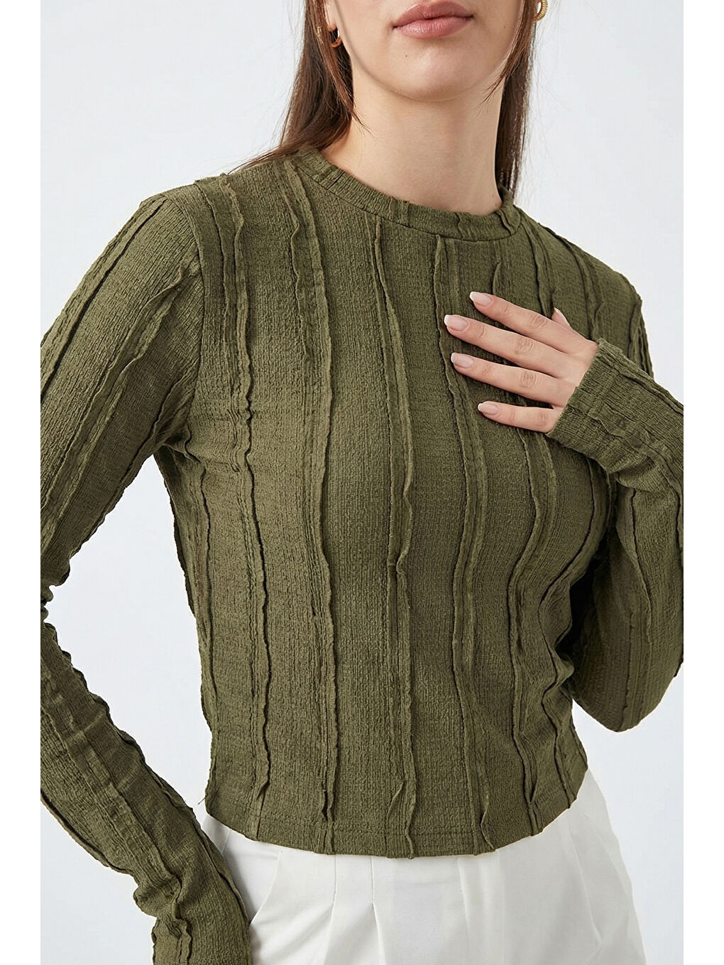 Kadın Dokulu Örme Bluz 980 - Haki-2