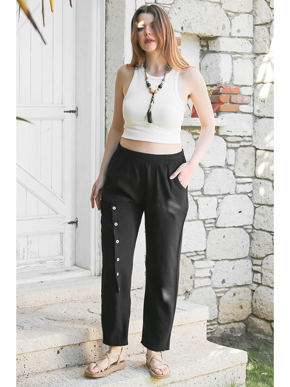 Chiccy Siyah Cepli Yıkamalı Lastikli Bel Jogger Paça Casual Keten Karışımlı Dokuma Pantolon 104 62 - 4