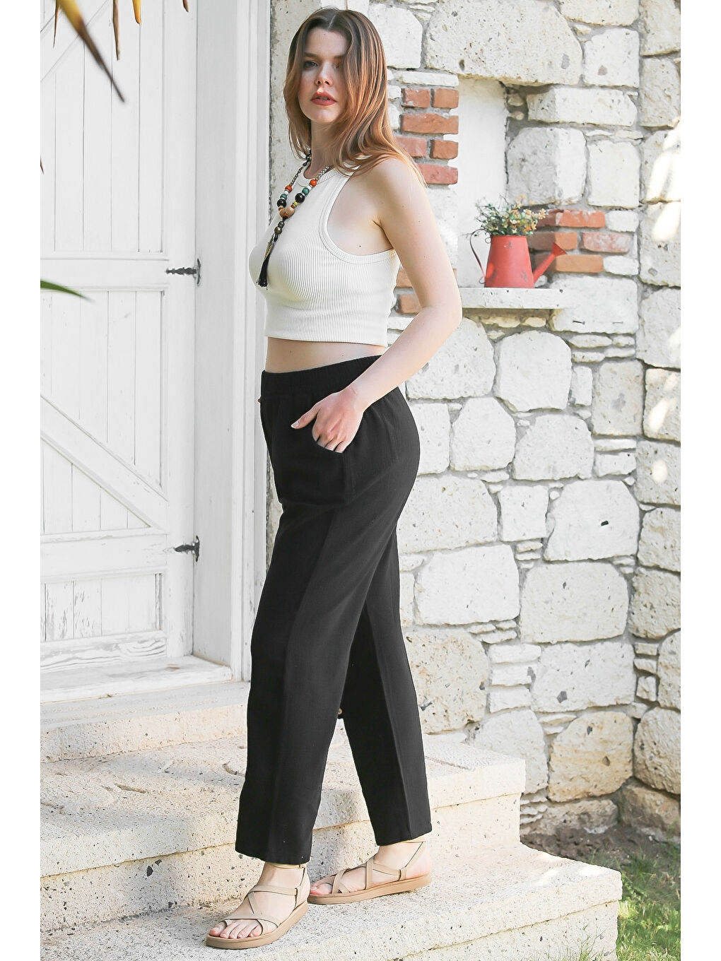 Chiccy Siyah Cepli Yıkamalı Lastikli Bel Jogger Paça Casual Keten Karışımlı Dokuma Pantolon 104 62 - 5