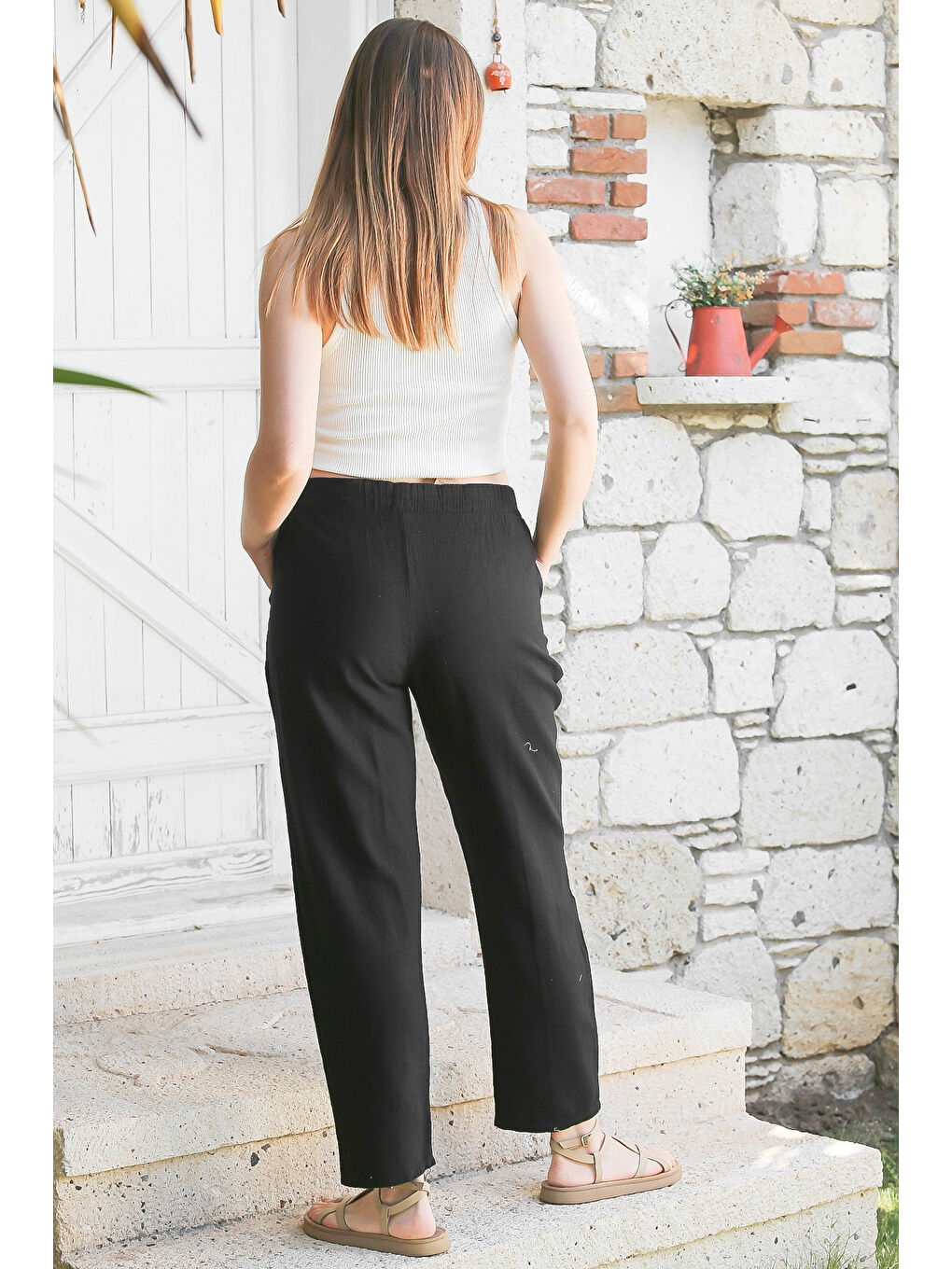 Chiccy Siyah Cepli Yıkamalı Lastikli Bel Jogger Paça Casual Keten Karışımlı Dokuma Pantolon 104 62 - 6