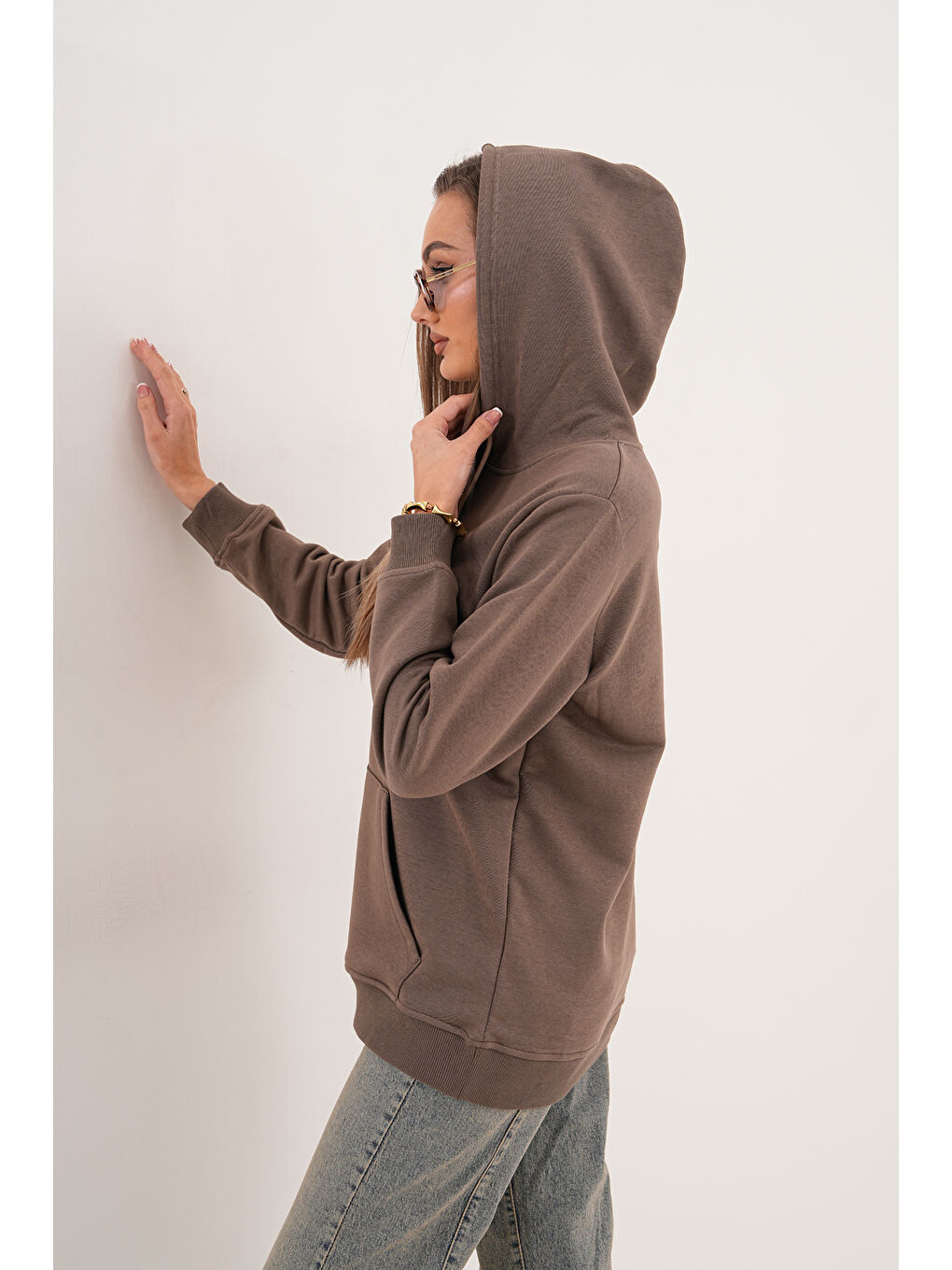 Kahverengi Unisex %100 Pamuk Basic Premium Kapüşonlu Sweatshirt-1