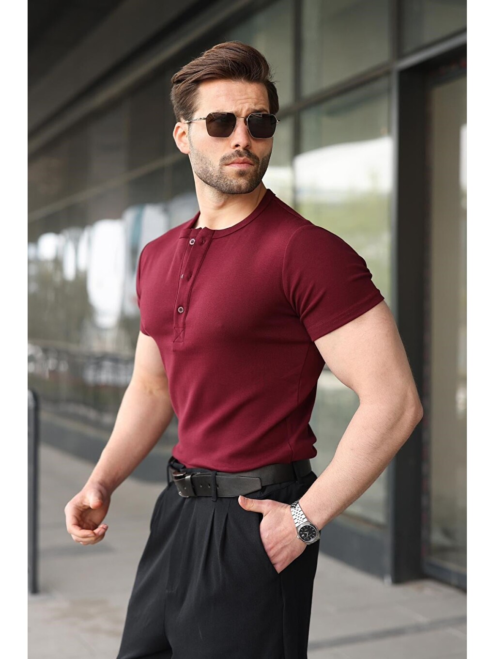 Bordo Yarım Düğmeli Slim Fit Erkek Tişört E7186