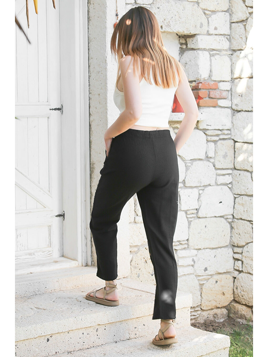 Chiccy Siyah Cepli Yıkamalı Lastikli Bel Jogger Paça Casual Keten Karışımlı Dokuma Pantolon 104 62 - 7