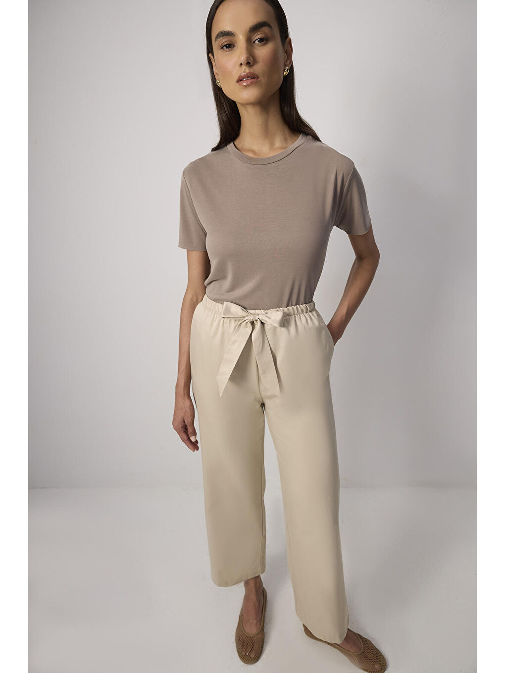 Bej Elastik Bel Bol Paça Pantolon-1