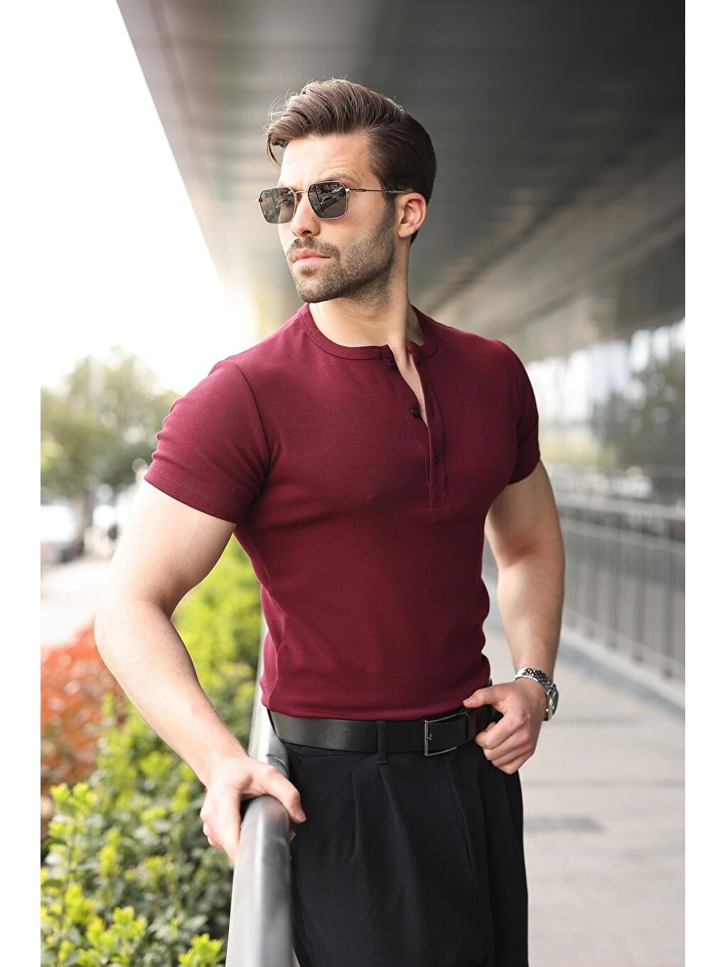 Bordo Yarım Düğmeli Slim Fit Erkek Tişört E7186-2
