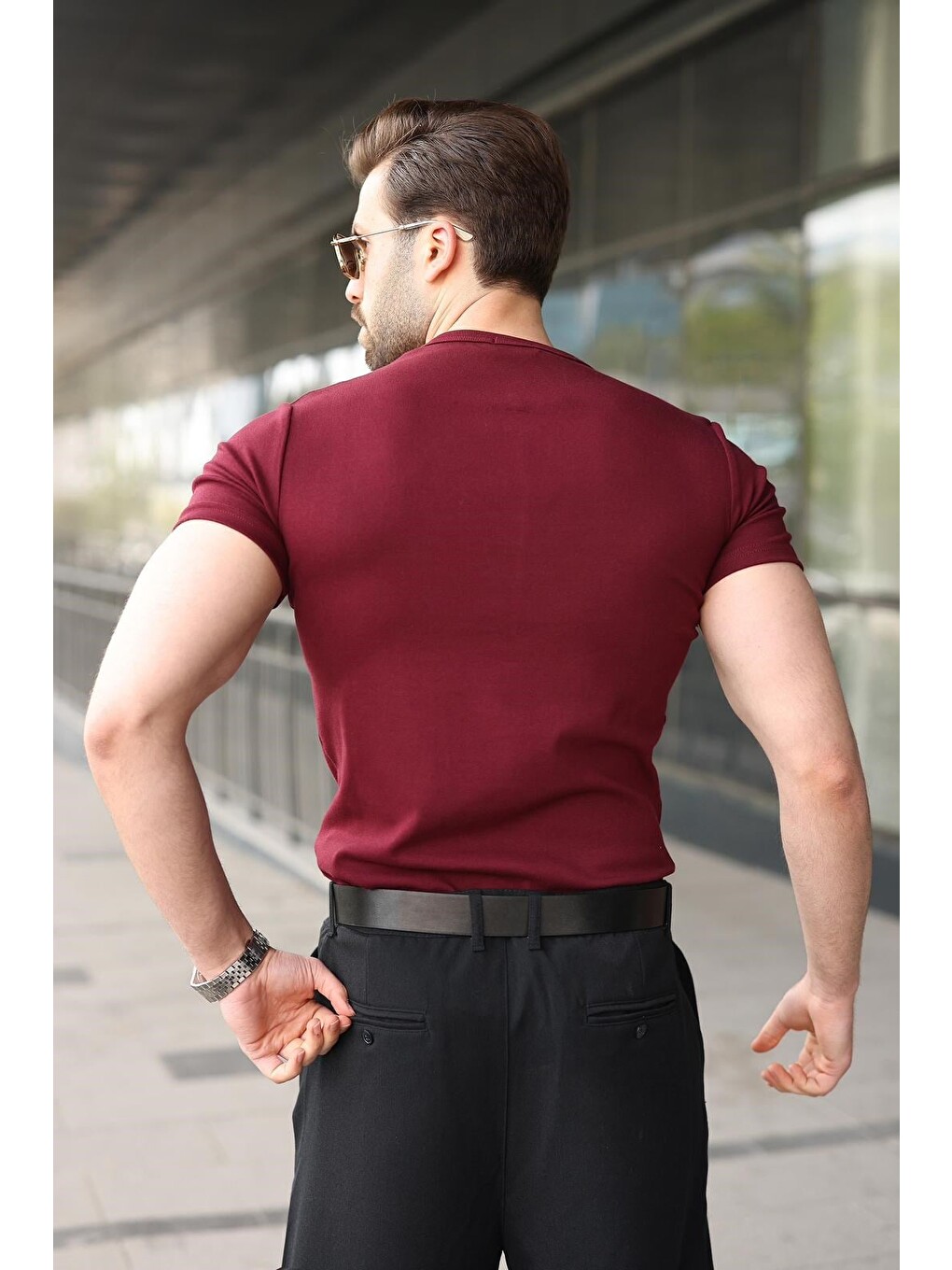 Bordo Yarım Düğmeli Slim Fit Erkek Tişört E7186-3