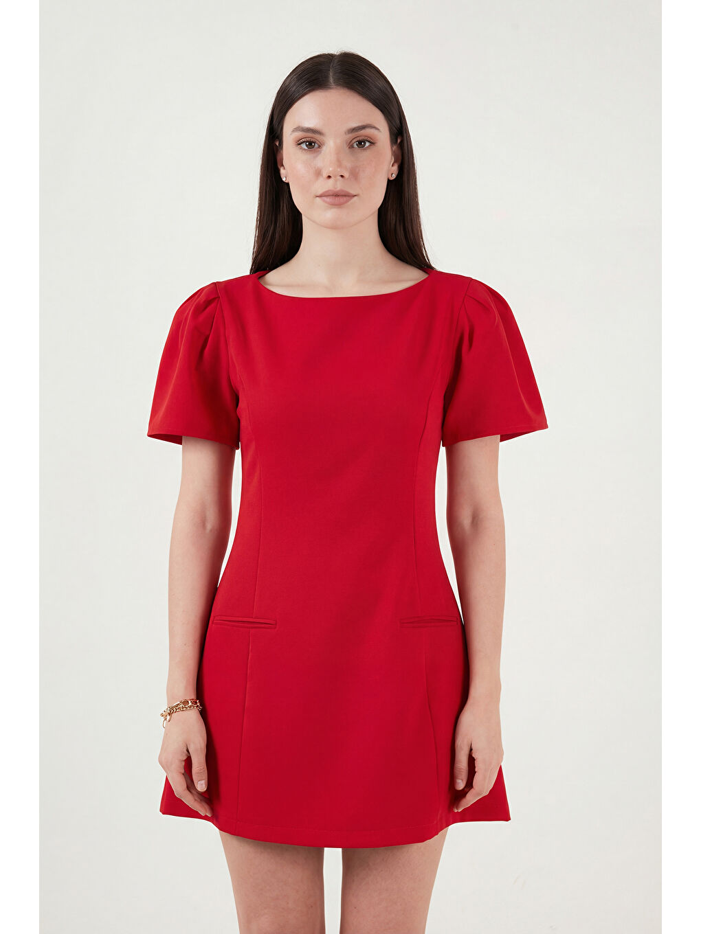 Kırmızı Kayık Yaka Balon Kol Mini Davet Elbise 6525735-4