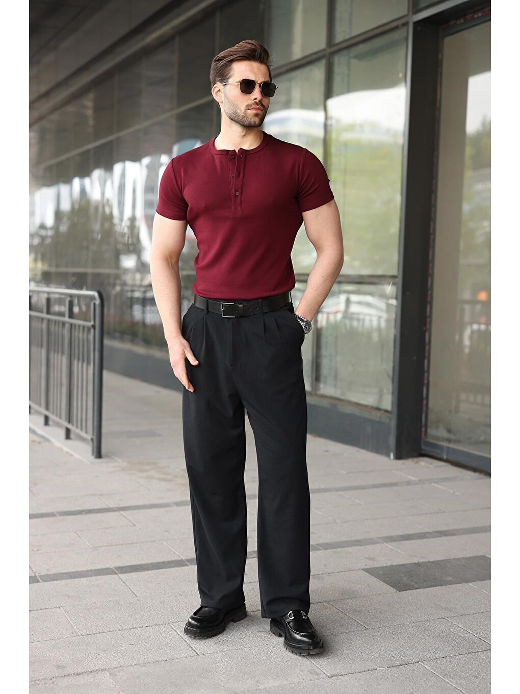 Bordo Yarım Düğmeli Slim Fit Erkek Tişört E7186-4