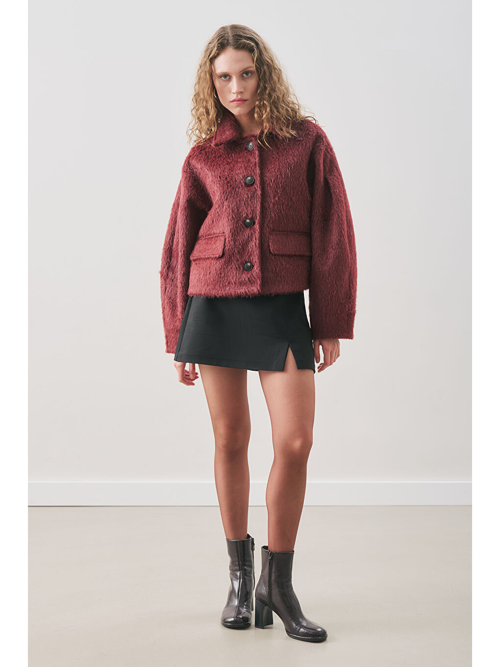 Boucle Kısa Kaban Bordo-4