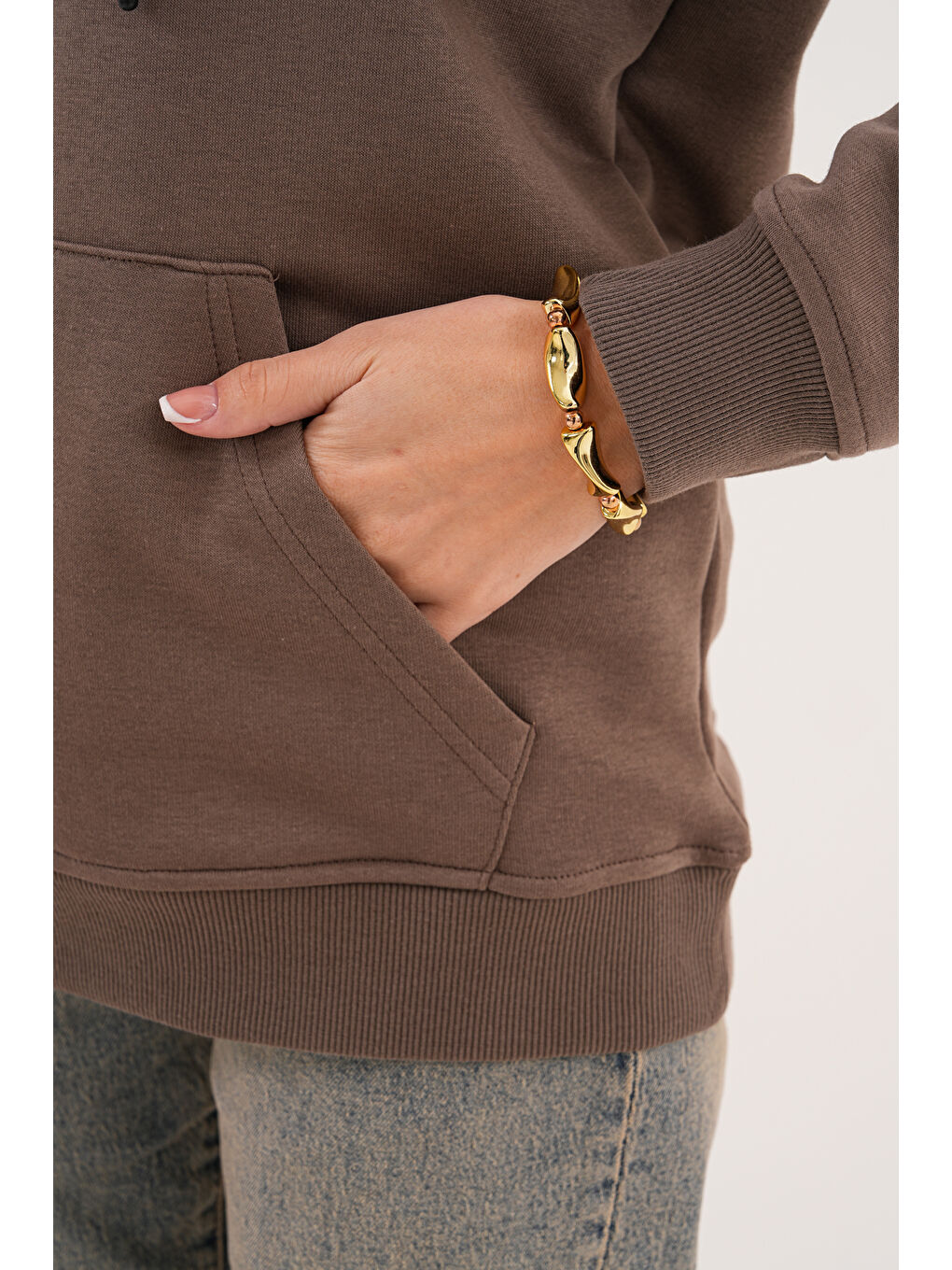 Kahverengi Unisex %100 Pamuk Basic Premium Kapüşonlu Sweatshirt-2