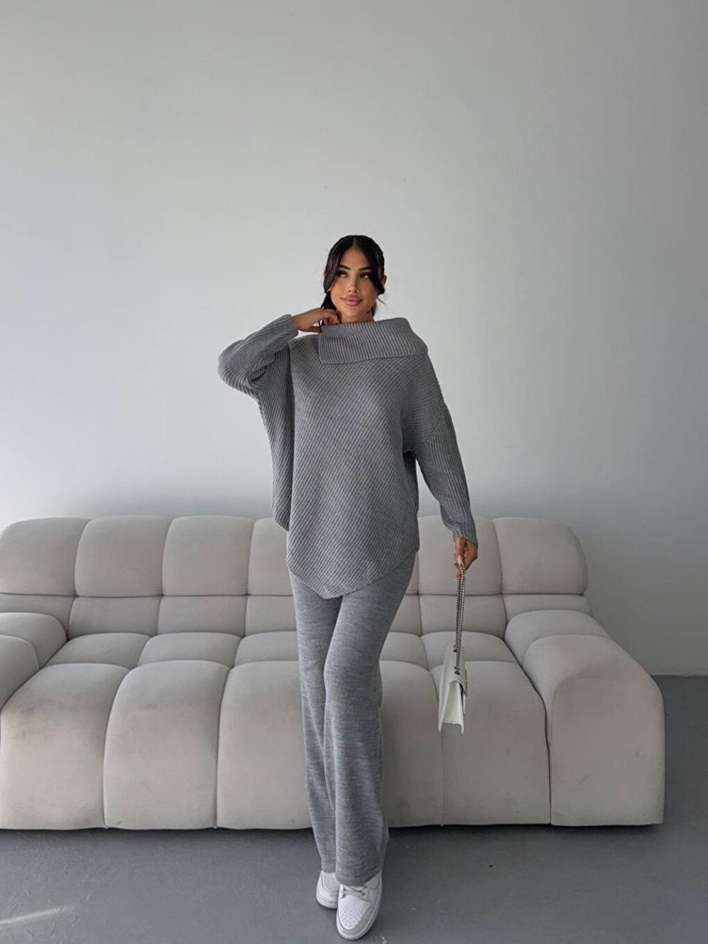 Şal Yaka Triko Takım Gri-1