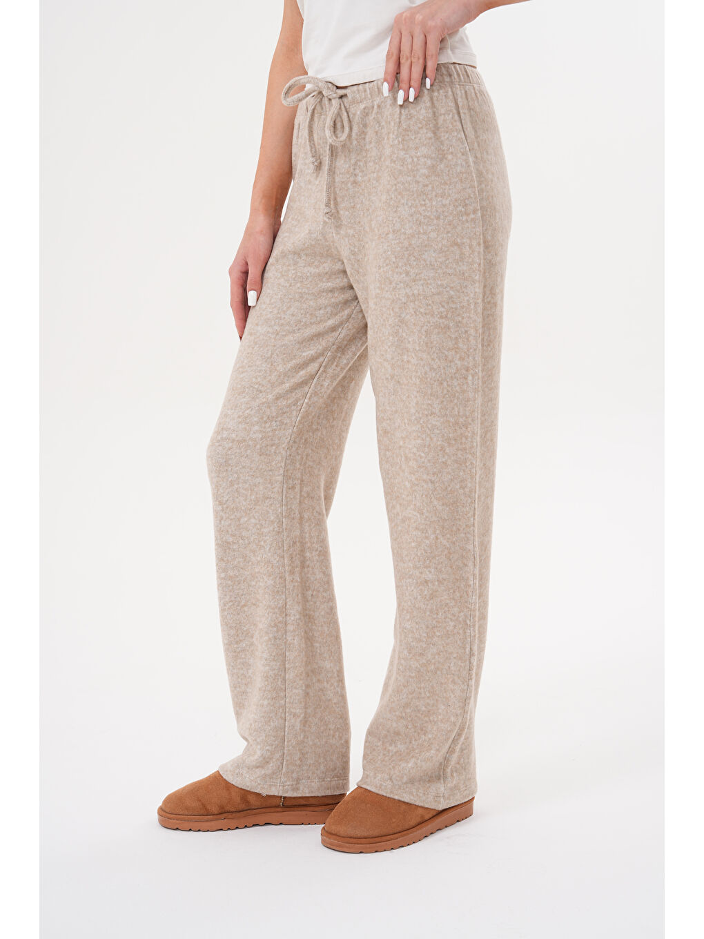 Bej Kadın Pantolon Beli Lastikli Cepli Bol Örme Pantolon-1