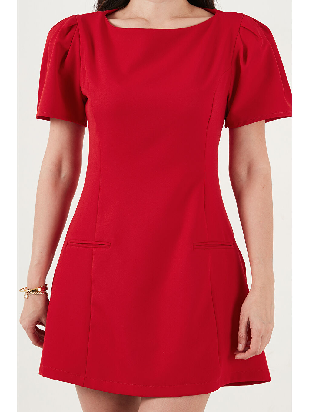 Kırmızı Kayık Yaka Balon Kol Mini Davet Elbise 6525735-5