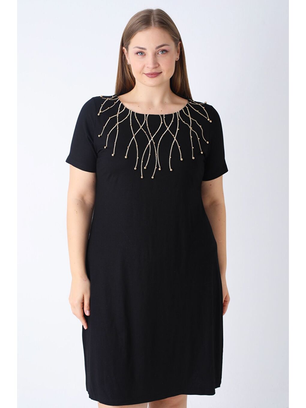 Kadın Siyah Nakış Detaylı Bisiklet Yaka Elastanlı Büyük Beden Elbise-1