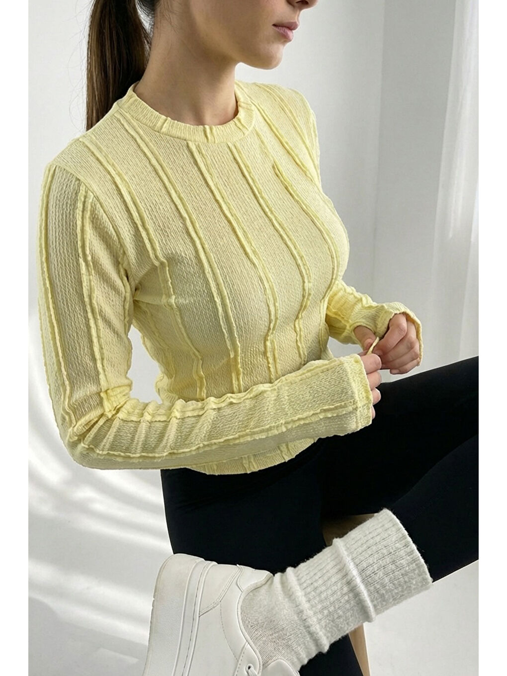 Kadın Dokulu Örme Bluz 980 - Sarı-5