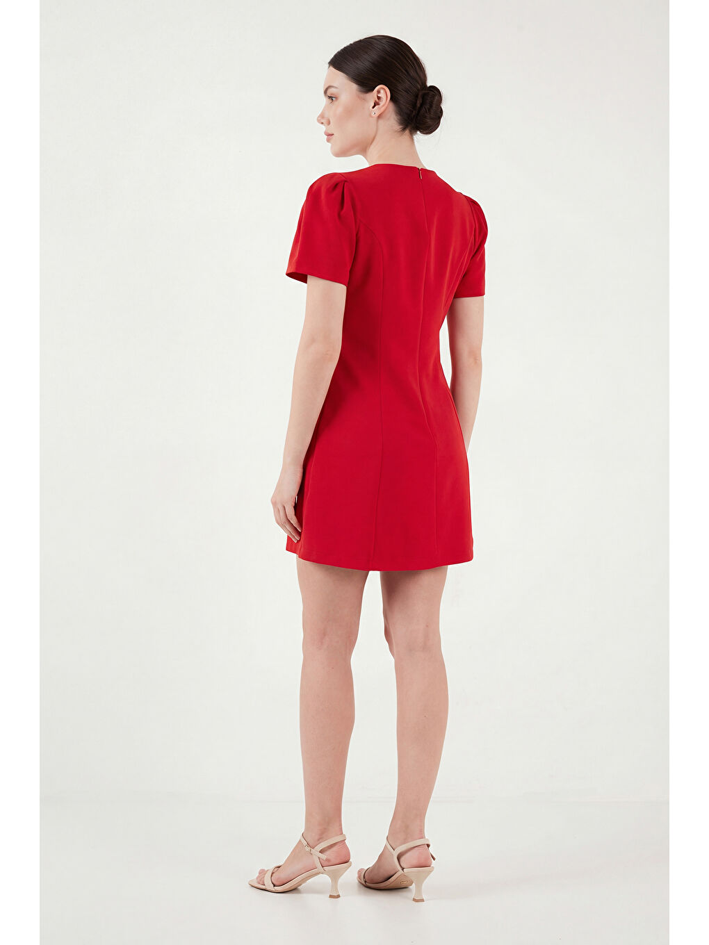 Kırmızı Kayık Yaka Balon Kol Mini Davet Elbise 6525735-6