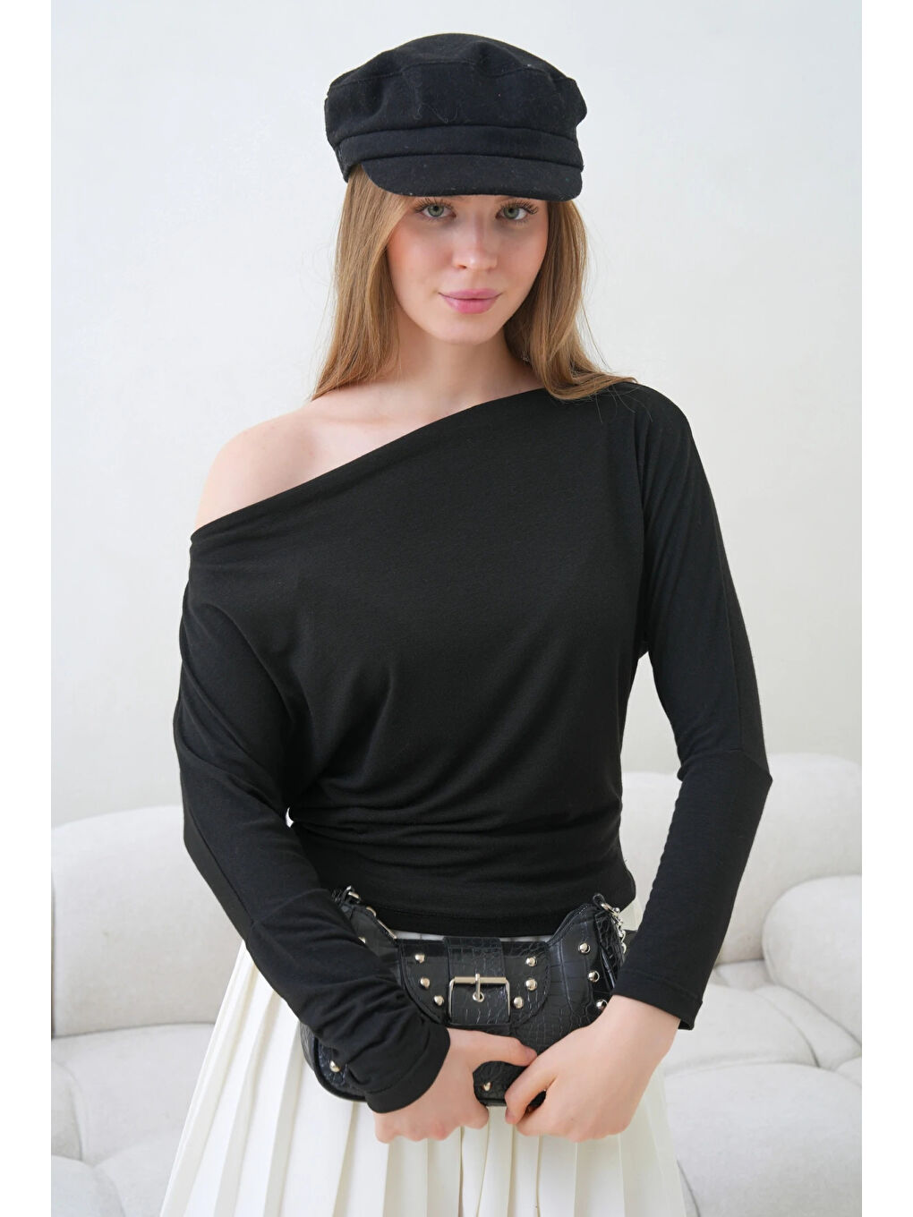 Siyah Kadın Kayık Yaka Yarasa Kol Elastanlı Penye Bluz