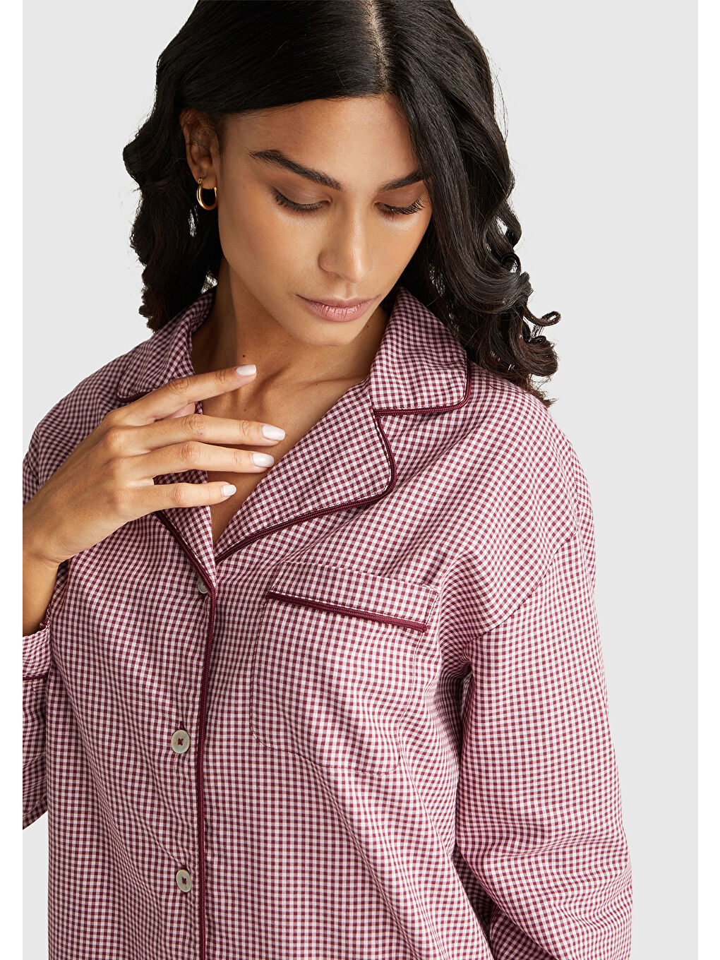 Kadın Mor %100 Pamuk Kare Desenli Logolu Gömlek Yaka Pijama Üstü-5