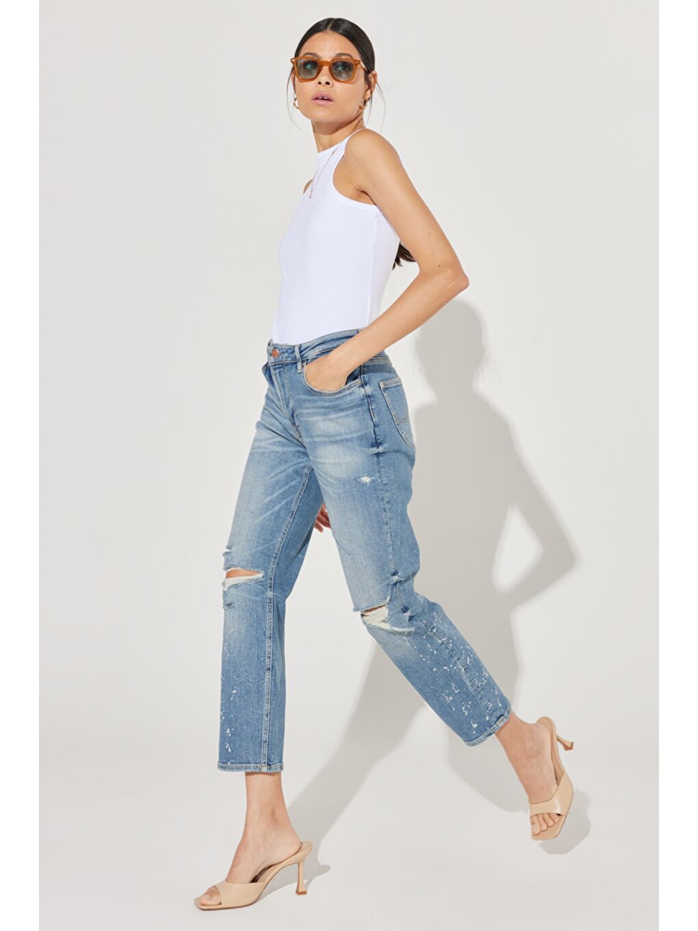 İndigo Carol Cropped Straight Fit Yüksek Bel Esnek Jean Jean Pantolon-3