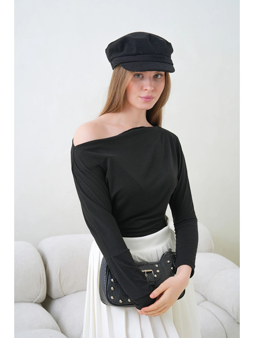 Siyah Kadın Kayık Yaka Yarasa Kol Elastanlı Penye Bluz-1