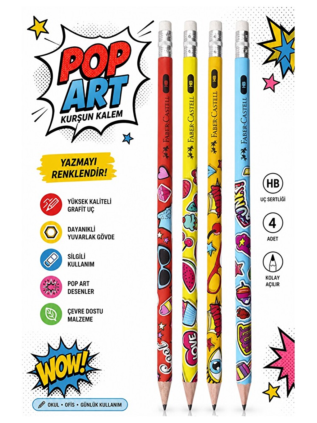 Popart Silgili Kurşun Kalem 4 Adet Yuvarlak Gövdeli Siyah Kurşun Kalem Yumuşak Yazım