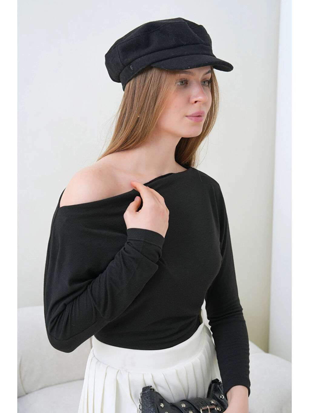 Siyah Kadın Kayık Yaka Yarasa Kol Elastanlı Penye Bluz-2