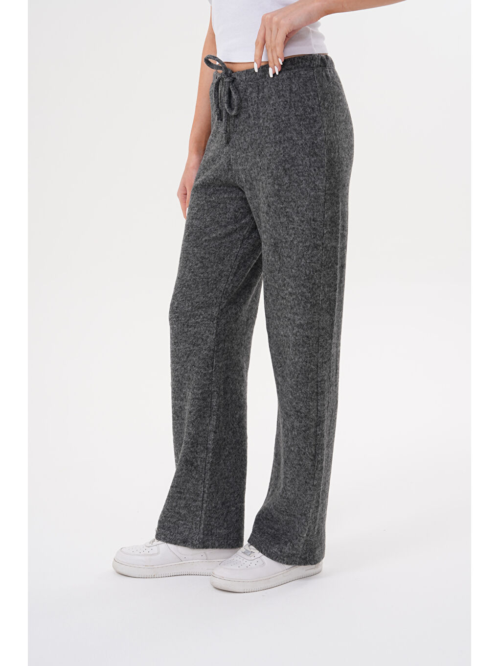Antrasit Kadın Pantolon Beli Lastikli Cepli Bol Örme Pantolon-1