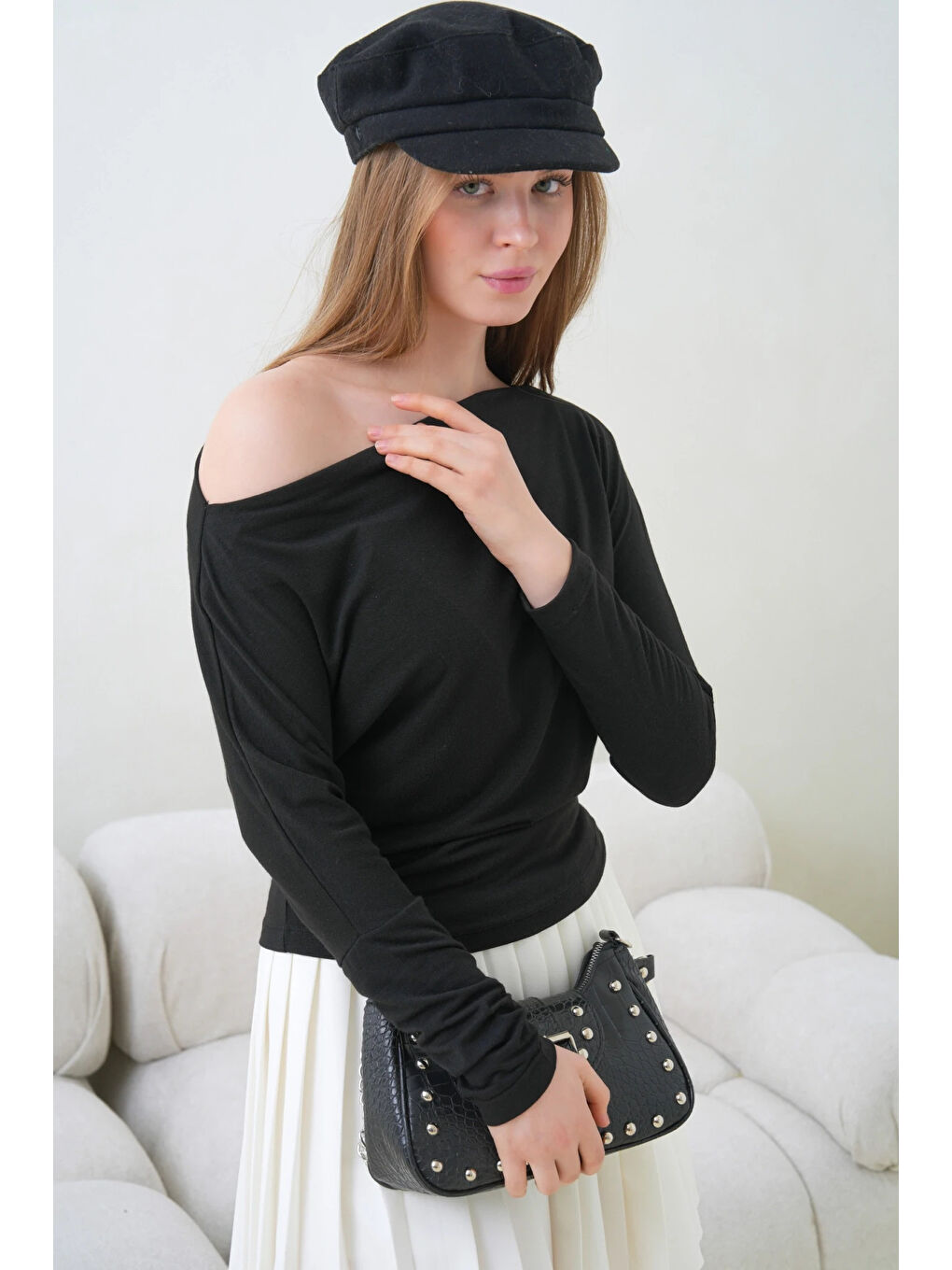 Siyah Kadın Kayık Yaka Yarasa Kol Elastanlı Penye Bluz-3
