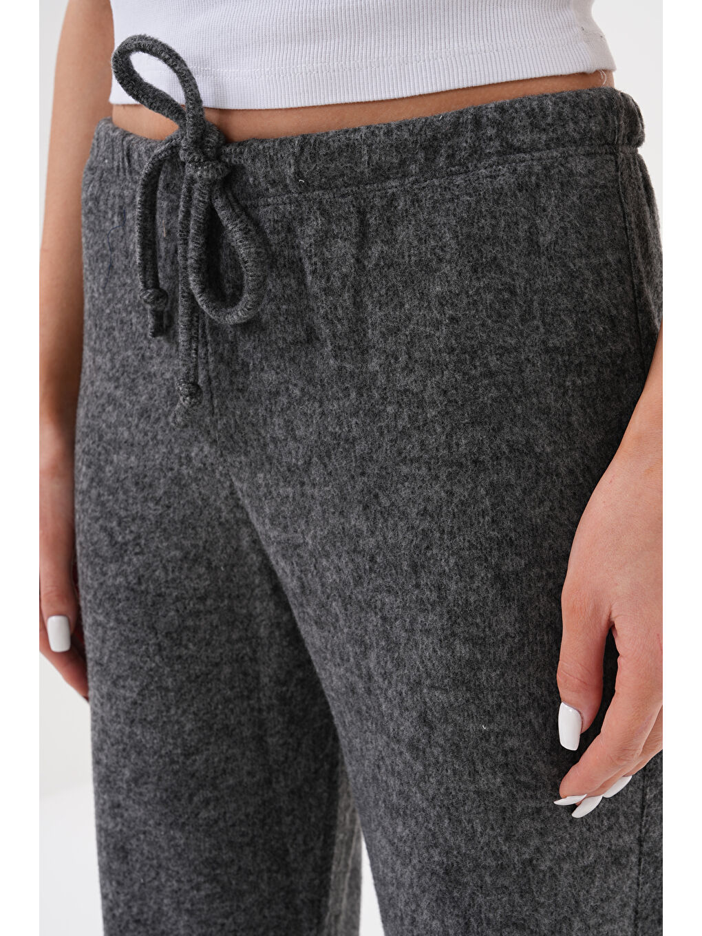 Antrasit Kadın Pantolon Beli Lastikli Cepli Bol Örme Pantolon-3