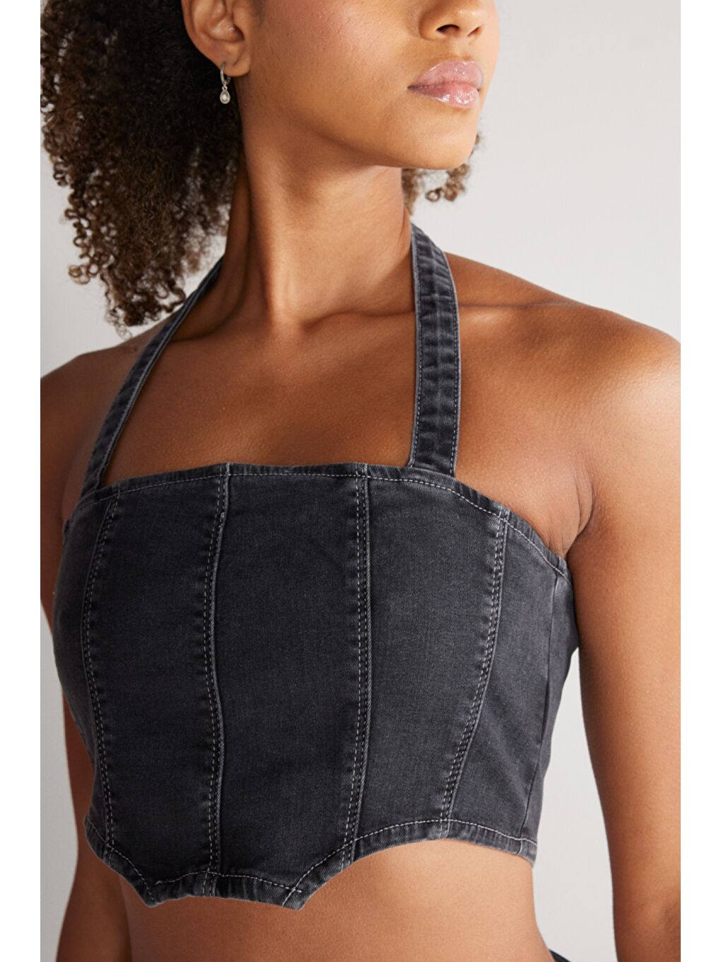 Regular Fit Normal Kesim Düz Yaka Siyah Jean Crop Bluz-5