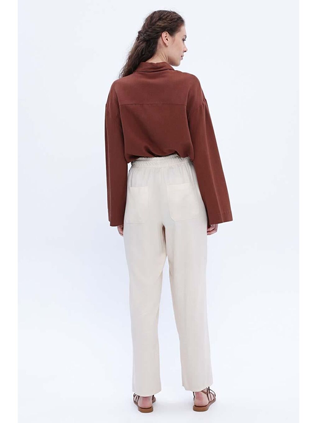 Ekru-Beli Lastikli Geniş Paça Pantolon-3