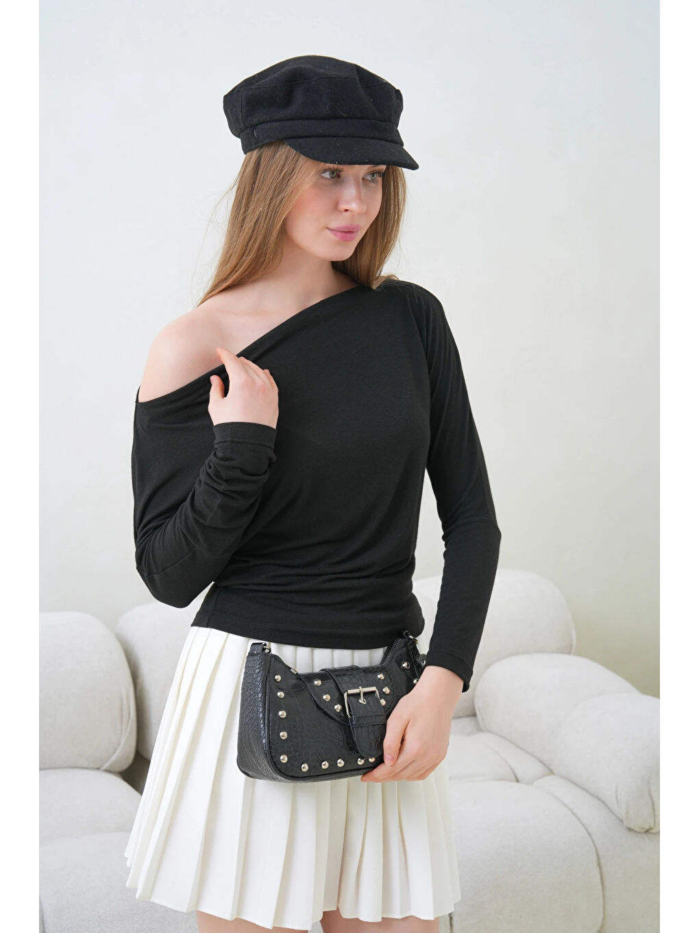 Siyah Kadın Kayık Yaka Yarasa Kol Elastanlı Penye Bluz-4