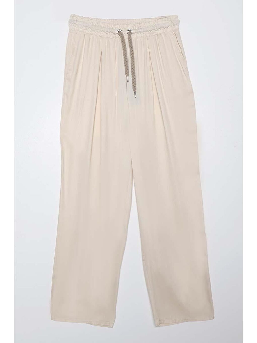 Ekru-Beli Lastikli Geniş Paça Pantolon-5