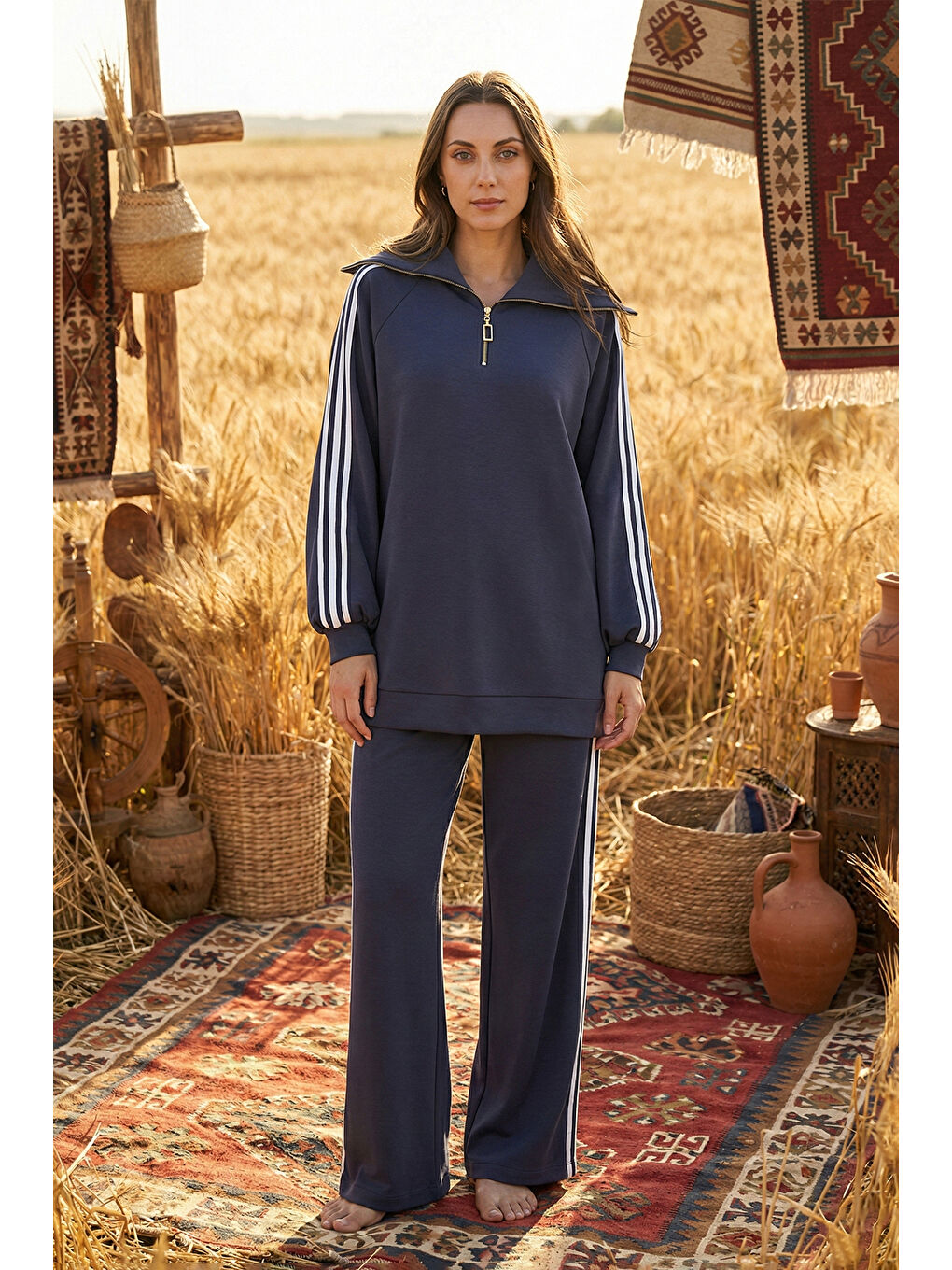 Şerit Detay Tunik Pantolon Takım 1093 Lacivert