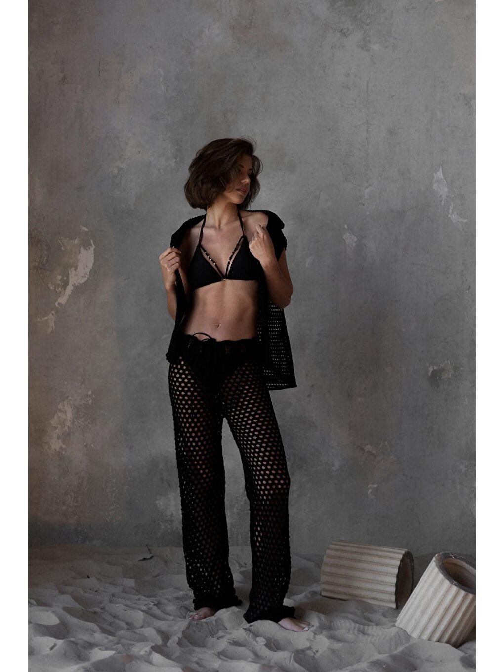 Texas Bağcıklı Siyah Ajur Pantolon-1