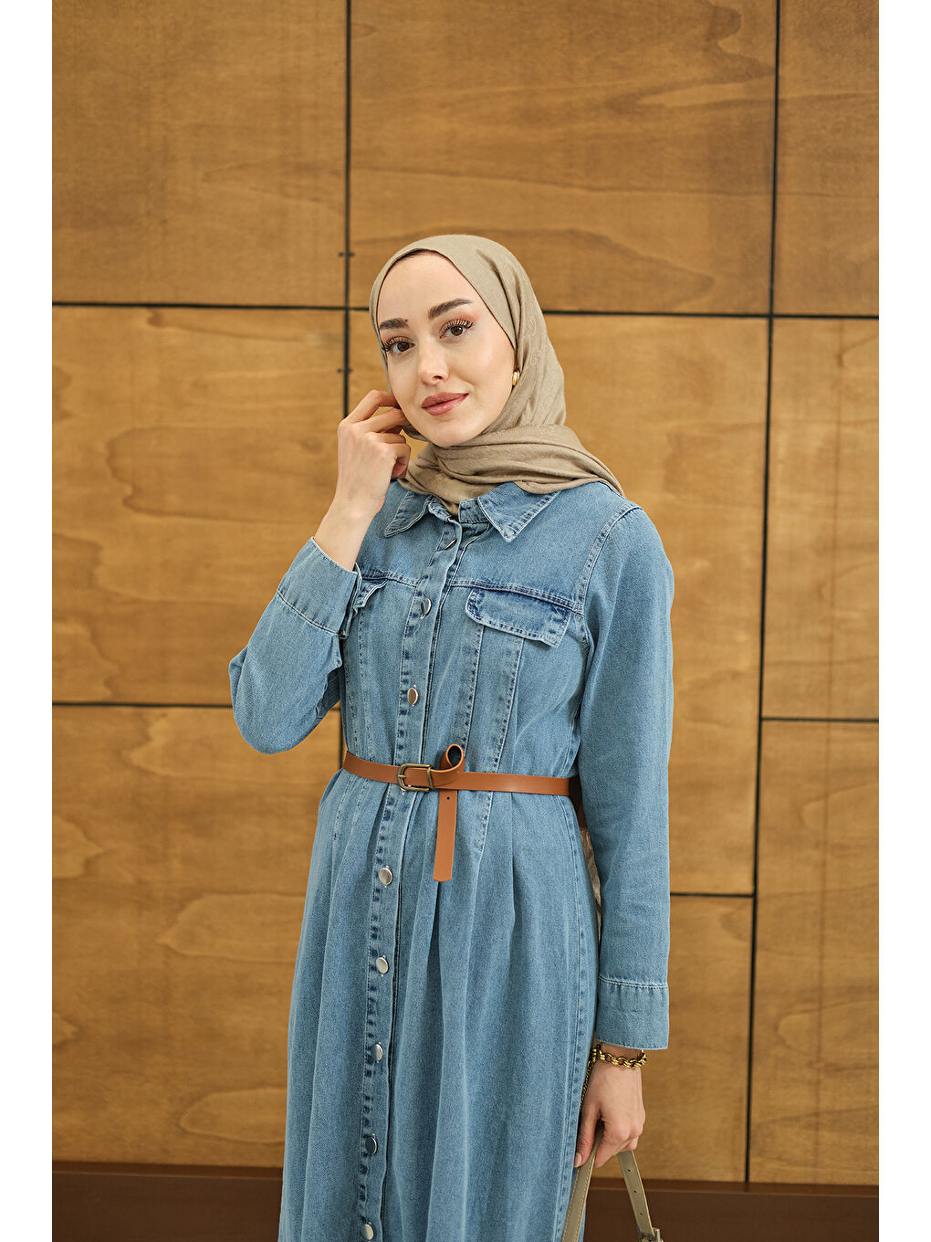Kadın Çift Cep Detaylı Boydan Düğmeli Jean Elbise Buz Mavi-1