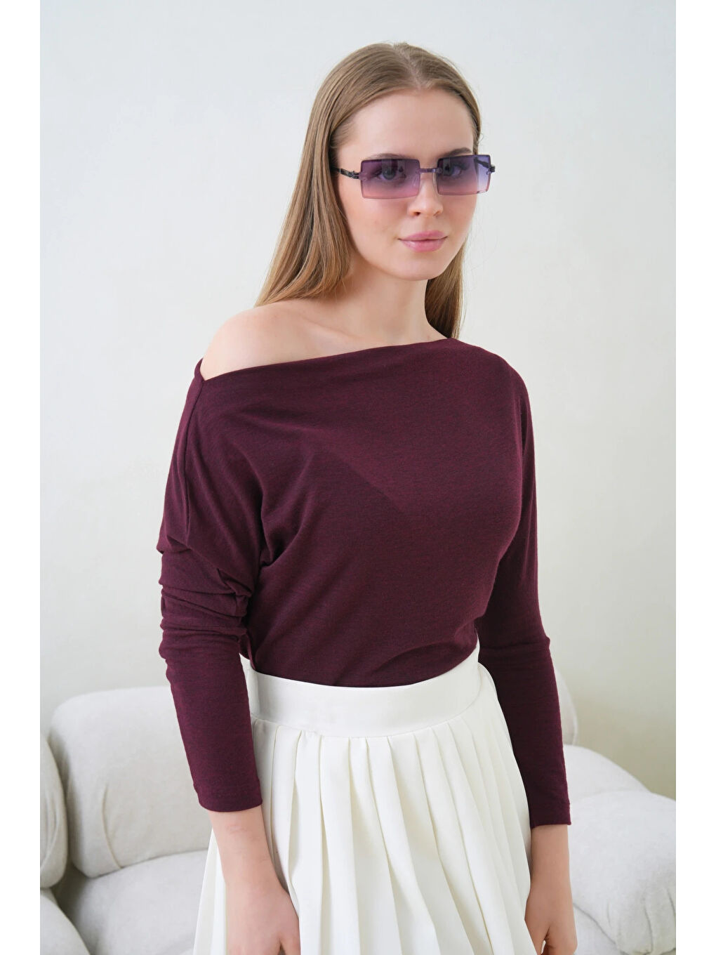 Bordo Kadın Kayık Yaka Yarasa Kol Elastanlı Penye Bluz-2