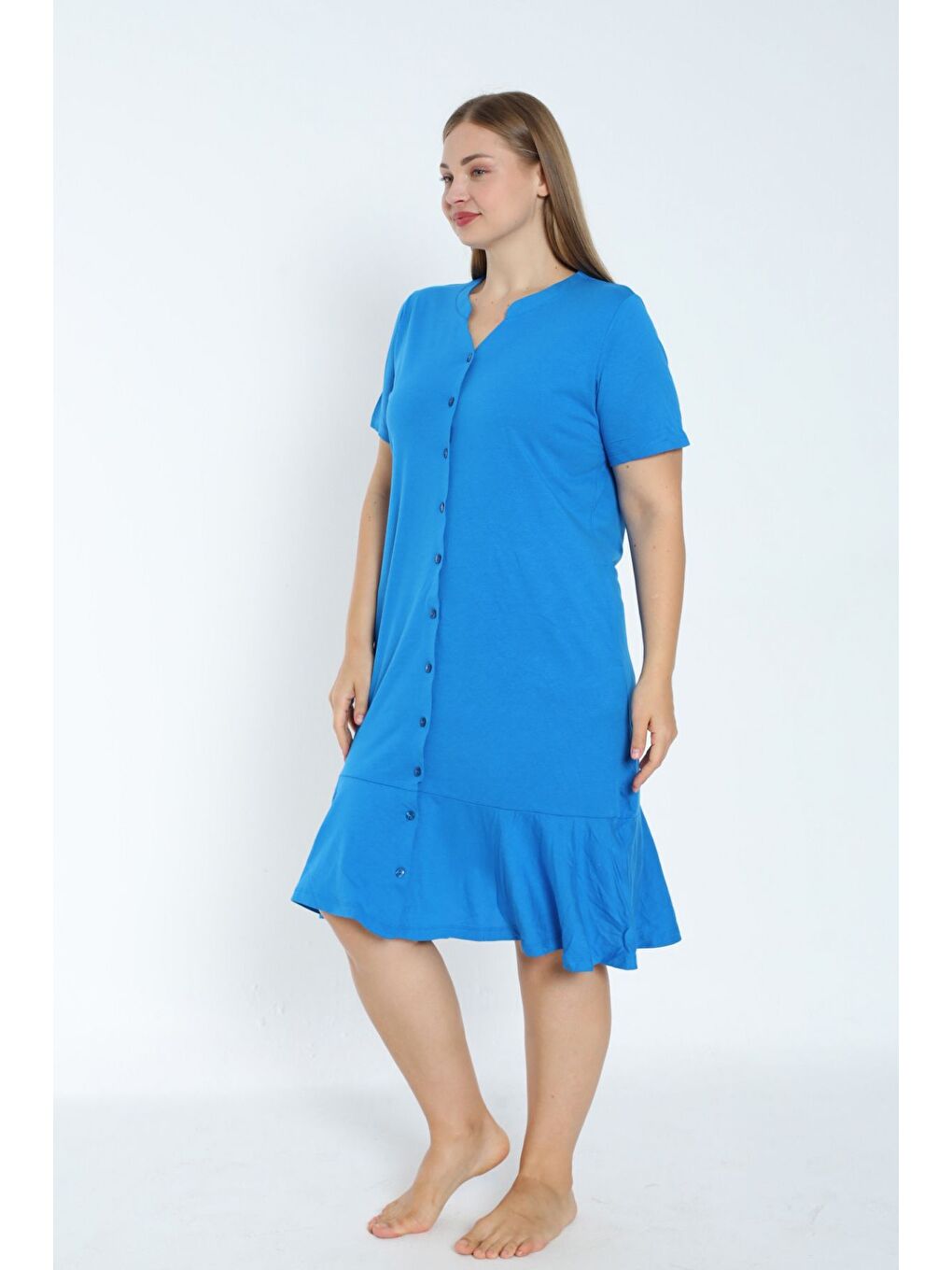 Mavi kadın büyük beden boydan düğmeli kısa kollu fırfırlı pamuklu elbise-2