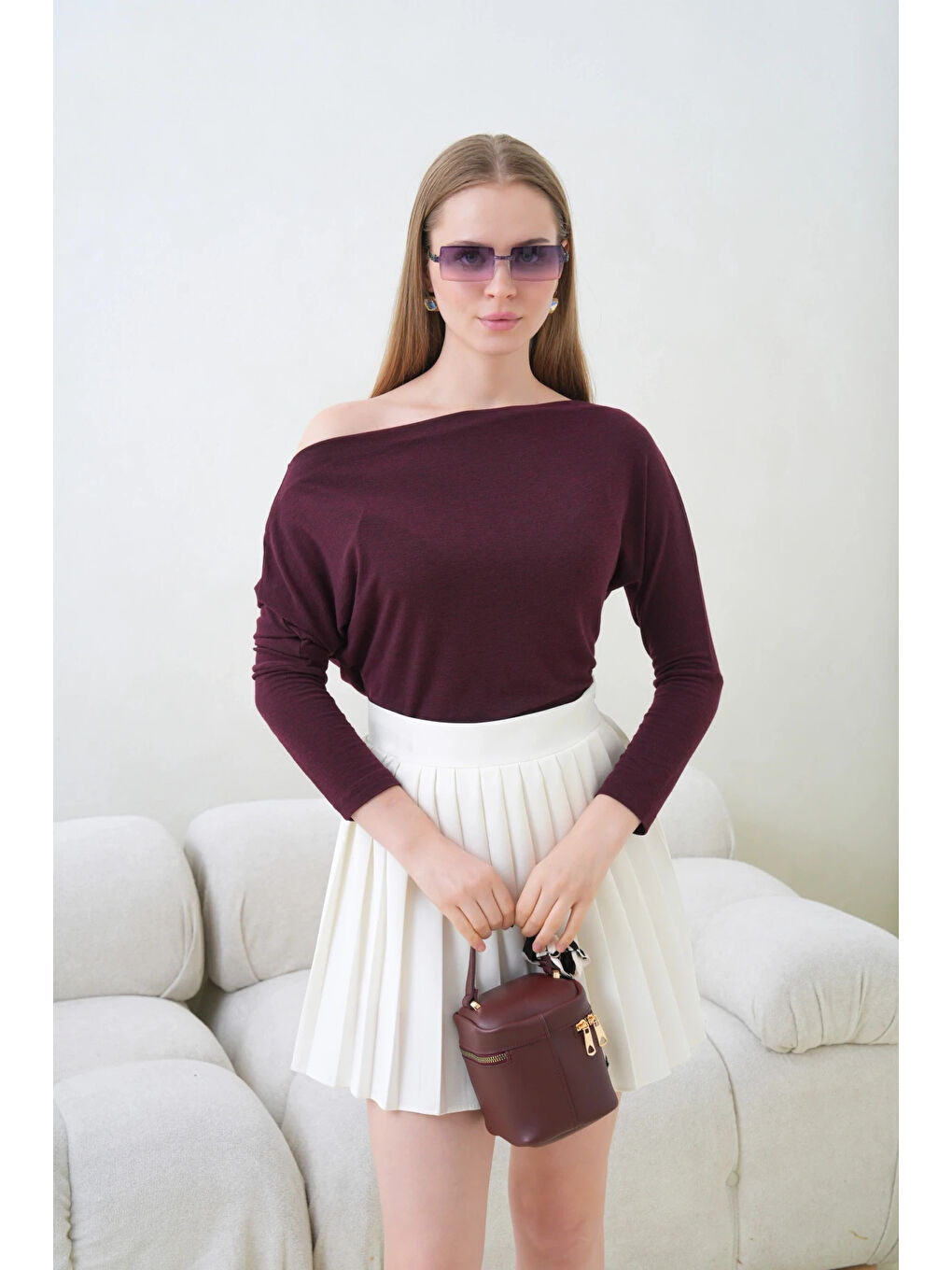 Bordo Kadın Kayık Yaka Yarasa Kol Elastanlı Penye Bluz-3