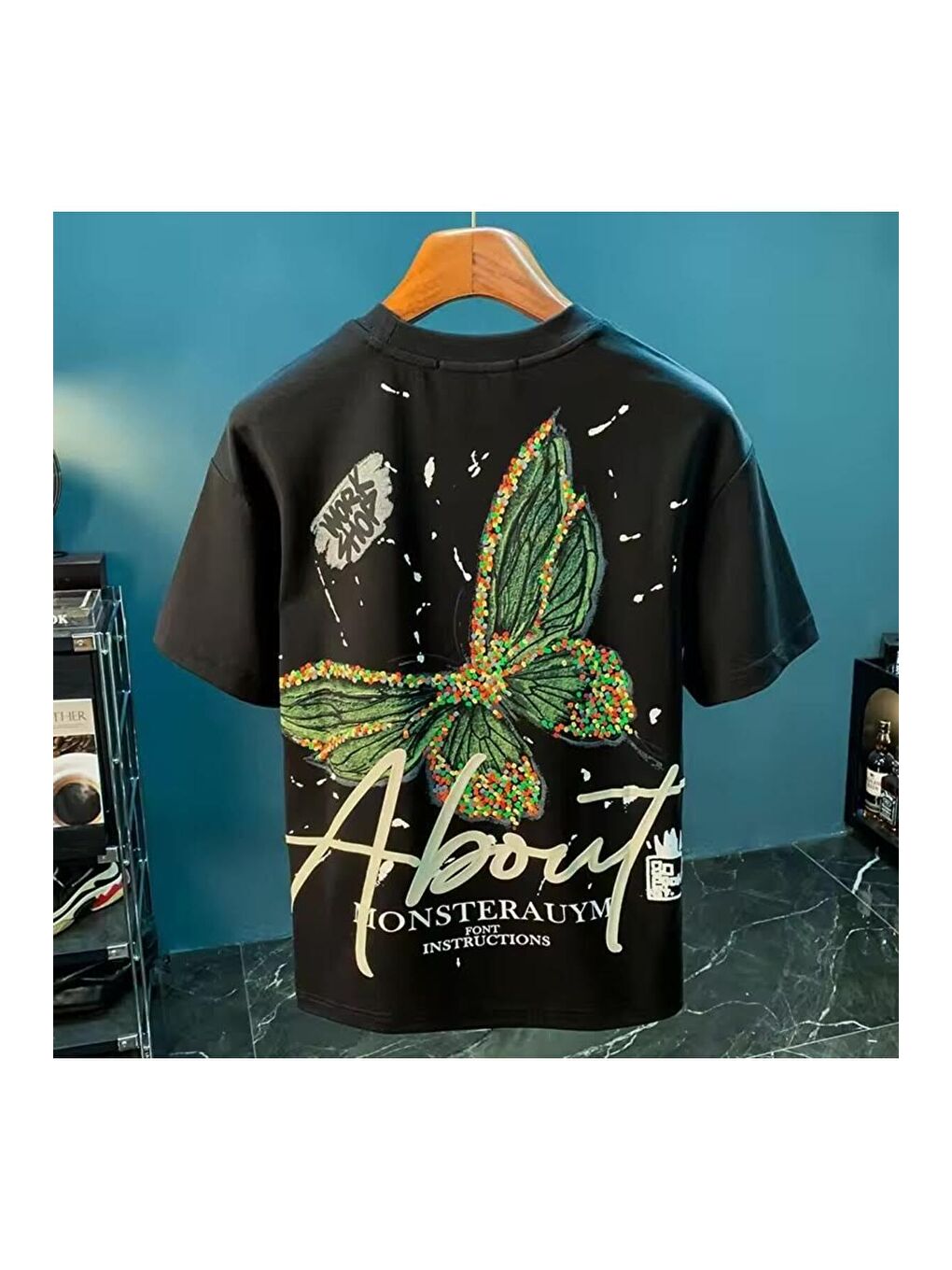 Siyah Unisex Kelebek Baskılı Bisiklet Yaka Oversize Tişört