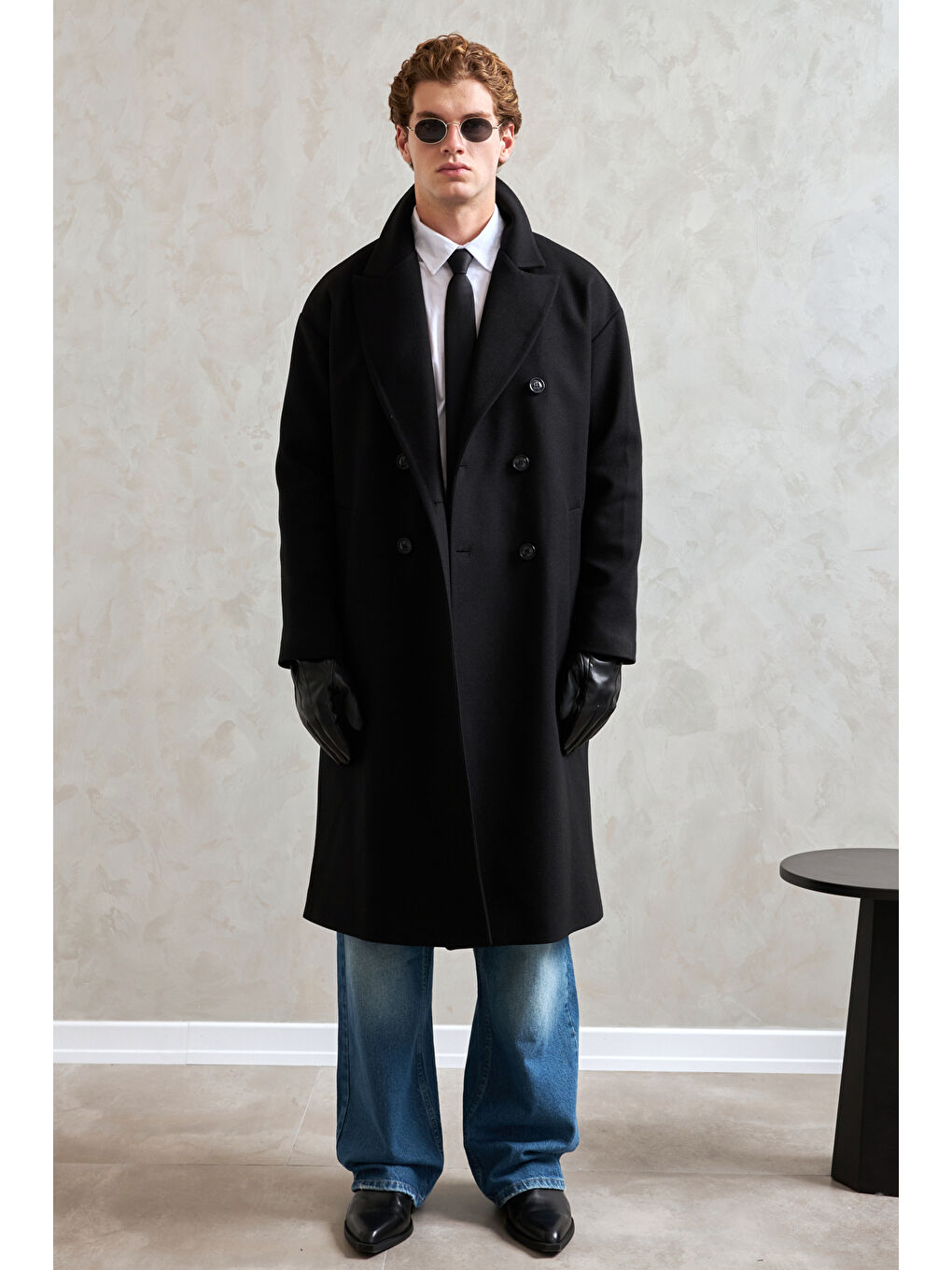 Siyah Erkek Oversize Astarlı Uzun Kaşe Kaban