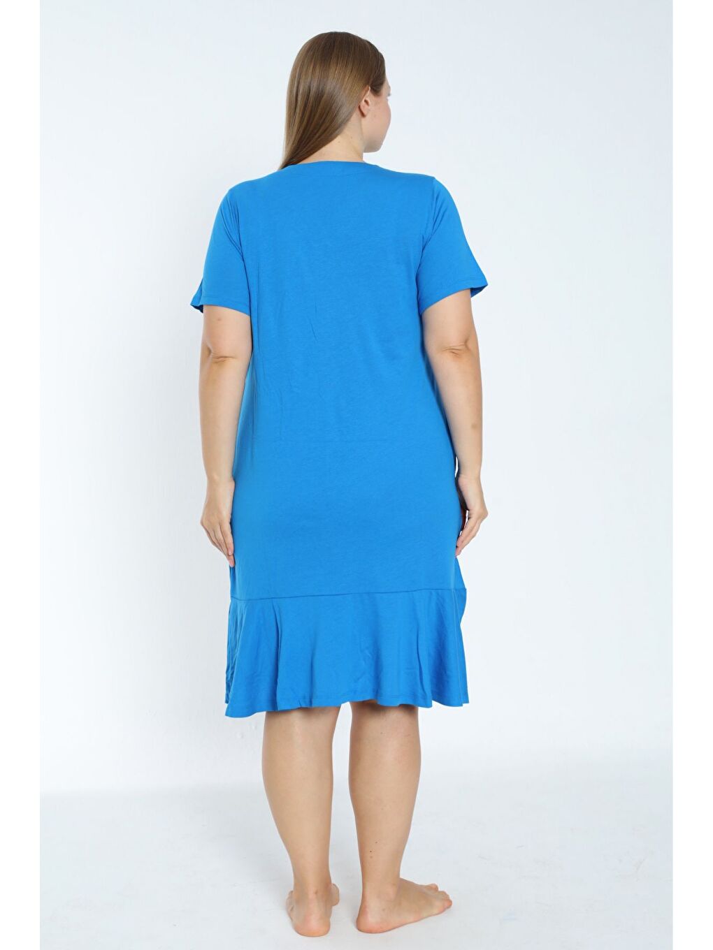 Mavi kadın büyük beden boydan düğmeli kısa kollu fırfırlı pamuklu elbise-3