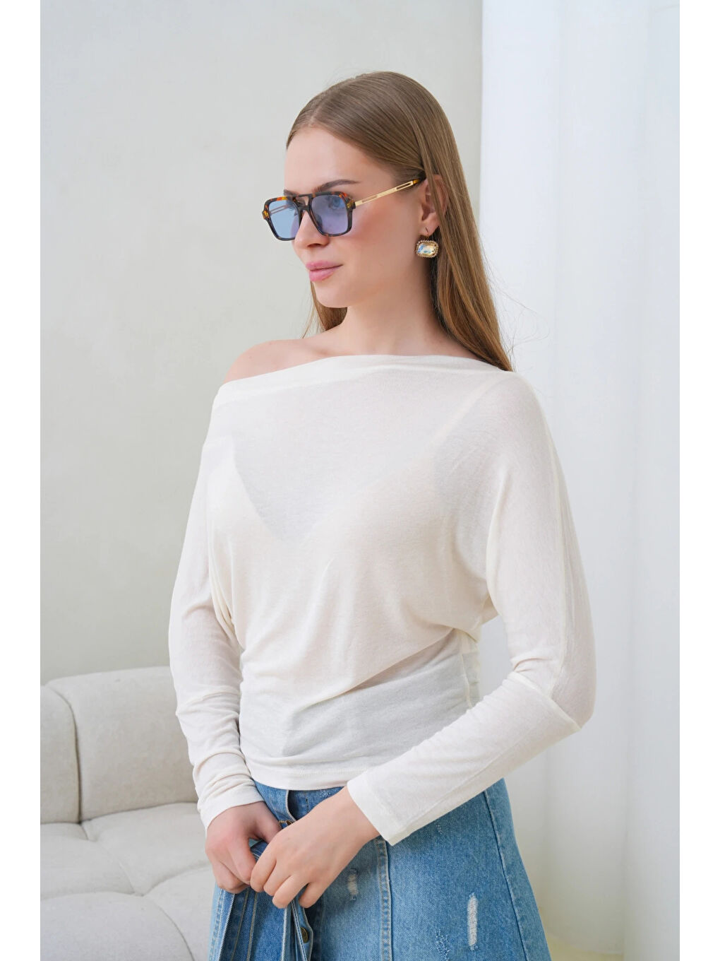 Ekru Kadın Kayık Yaka Yarasa Kol Elastanlı Penye Bluz-1