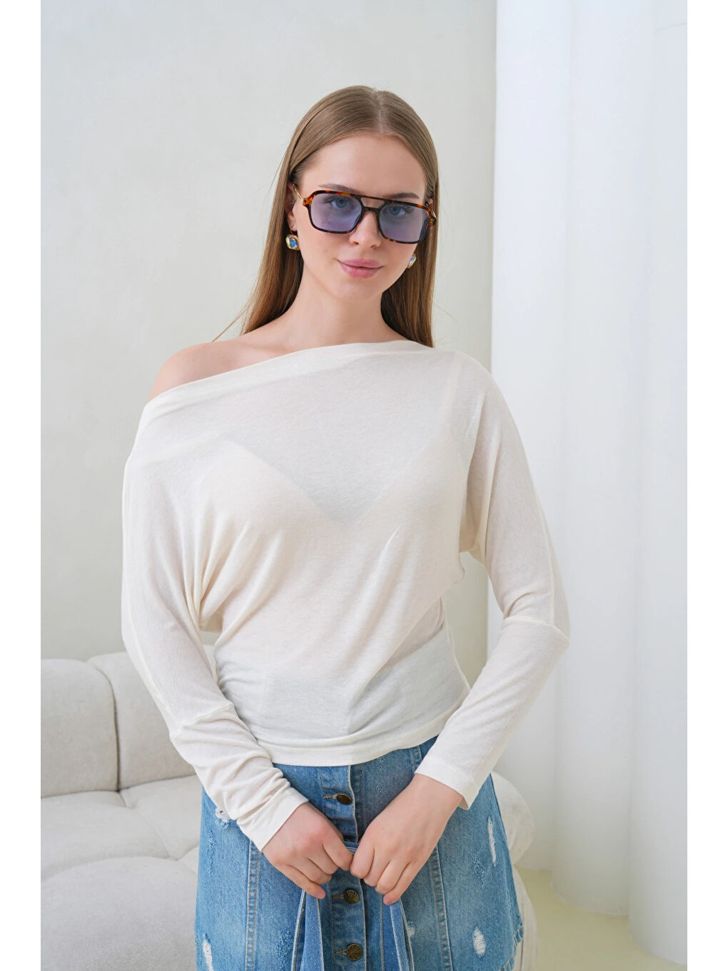 Ekru Kadın Kayık Yaka Yarasa Kol Elastanlı Penye Bluz-2