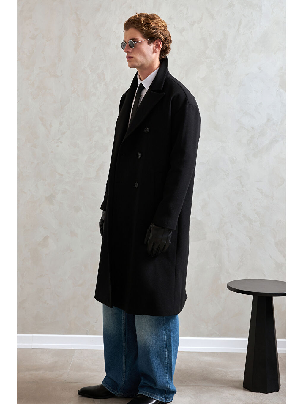 Siyah Erkek Oversize Astarlı Uzun Kaşe Kaban-1