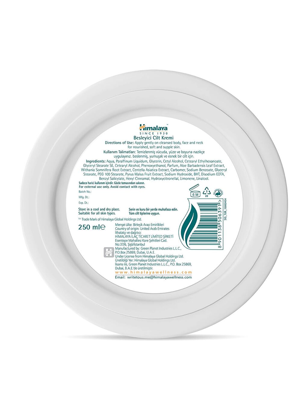 Himalaya Since 1930 Besleyici El Ve Vücut Kremi, Kış Kirazı, Nemlendirici, Yağsız, Su Bazlı, Tüm Ciltler, 250 ml - 1